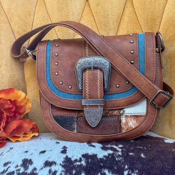 NEW Catchfly Cowhide Patchwork Denim Inlay Crossbody Saddlebag Western Purse - Picture 1 of 3